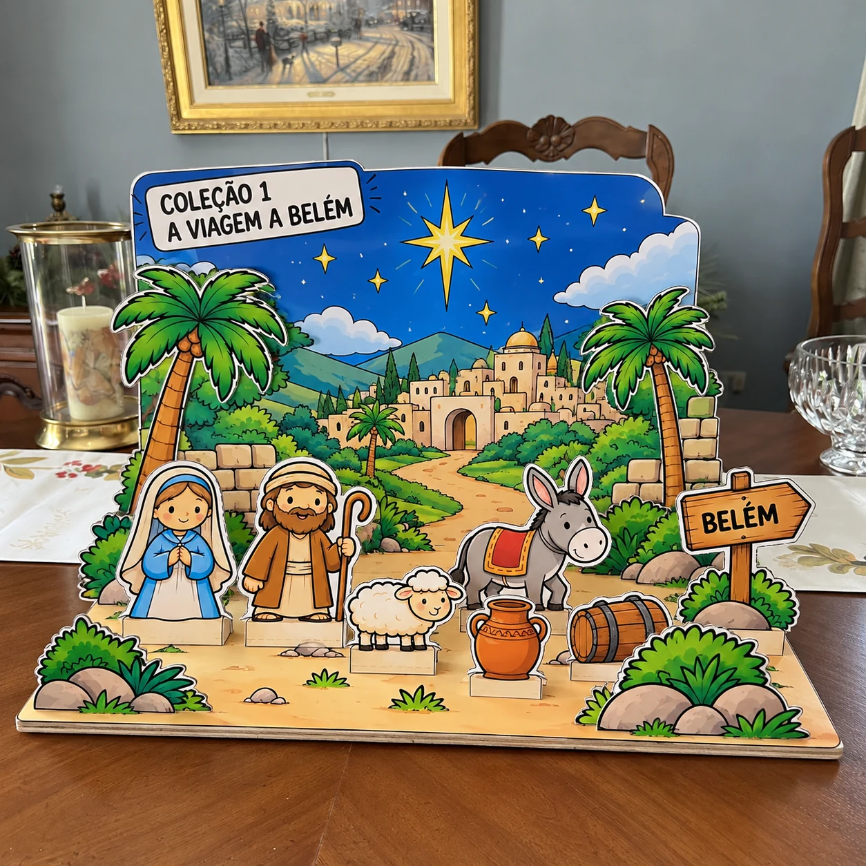 Cenário da viagem a Belém montado com Maria, José, jumentinho e miniaturas de papel