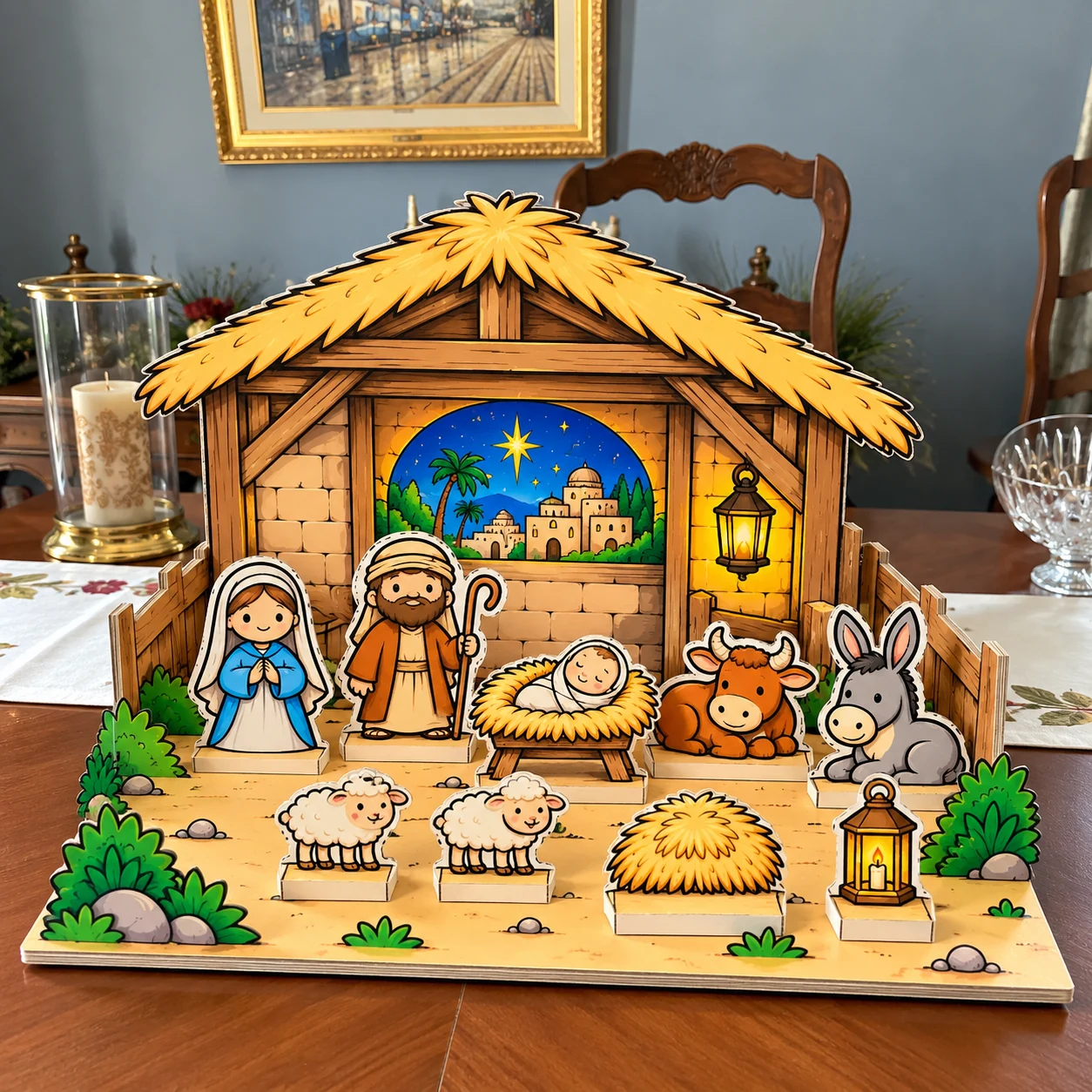 Cenário de papel montado do nascimento de Jesus