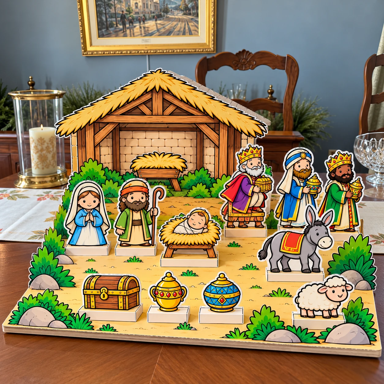 Cenário de papel montado da visita dos magos