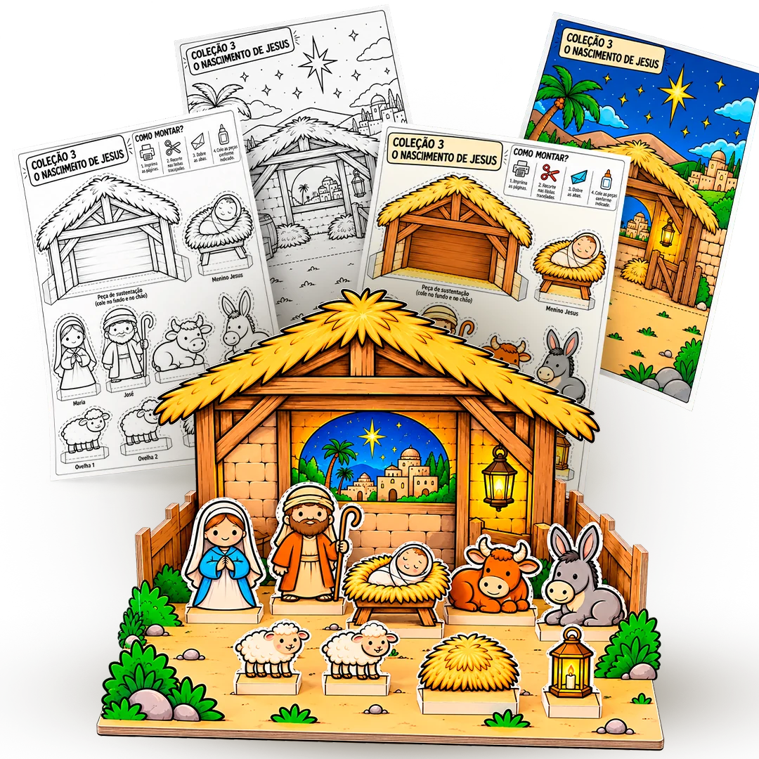 Cenário de papel do nascimento de Jesus montado, com personagens e moldes para imprimir e colorir
